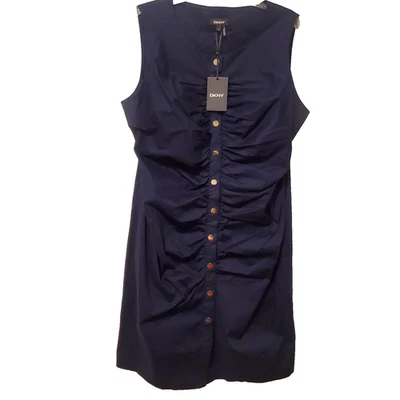 Vestido DKNY Azul Marino Acanalado Pop Frontal Sin Mangas 100% Algodón US16 Botones Dorados Nuevo  Foto 1 de 4
