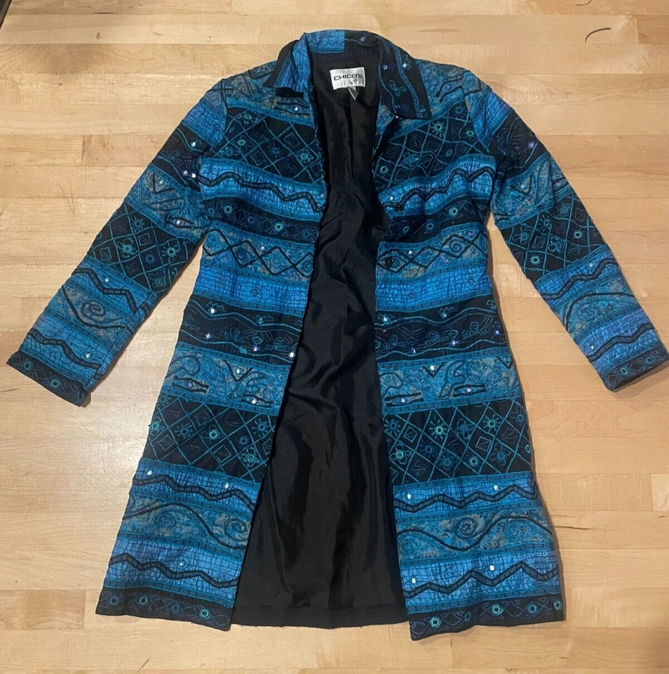 Abrigo Cárdigan Chico's Azul Zafiro Aguas Profundas Bordado Brocado Talla 0 Foto 1 de 4