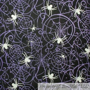 BonEful Fabric FQ Cotton Quilt Black White Purple B&W Spider GLOW in the DARK UK - Picture 1 of 12
