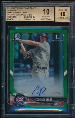 BGS 10 AUTO 10 COLE ROEDERER 2018 Bowman Chrome GREEN REFRACTOR #/98 PRISTINE - Image 1 of 2