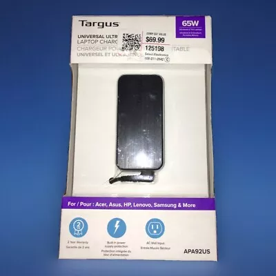 CARGADOR PORTÁTIL UNIVERSAL TARGUS (APA92US) 65W AC Ultra Delgado HP Samsung ACER Más Foto 1 de 4