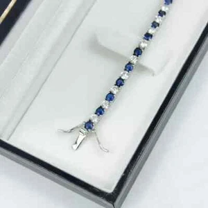 White Gold Finish Created Diamond Blue Sapphire Round Cut Tennis Bracelet - Picture 1 of 8