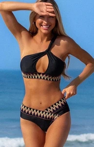 Popfeelings two piece bikini set cut out Black One Shoulder Swimsuit Women’s S - Picture 1 of 8