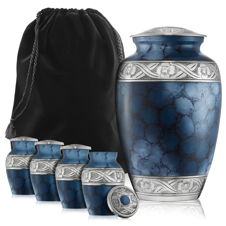 Set of 5 Decorative Cremation Urns - 1 Adult + 4 Keepsake, Blue