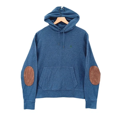 复古 Polo Ralph Lauren 连帽运动衫男式 M 蓝色抽绳肘贴 — 第 1/4 张图片