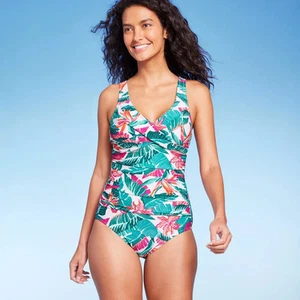 Kona Sol Women's One Piece Swimsuit Swimwear L Tummy Control Tropical Front - Picture 1 of 5