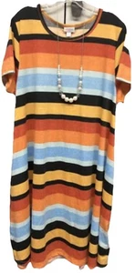 NWT LuLaRoe 2XL Black Blue Gold Orange Red Striped Jessie Swing Dress w/Pockets - Picture 1 of 11