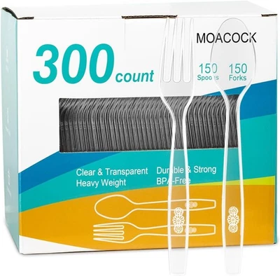 Cubiertos de plástico de 300 unidades, tenedores de peso pesado cucharas transparentes  Foto 1 de 4