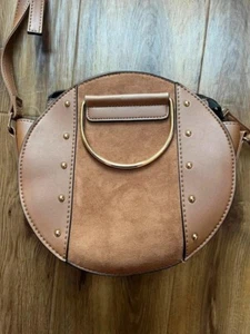 Ladies Tan Round Handbag stylish design suede effect - Picture 1 of 5