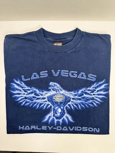 Vintage Harley Davidson Shirt Men’s MEDIUM Blue Flames Lightning Eagle Las Vegas - Picture 1 of 4
