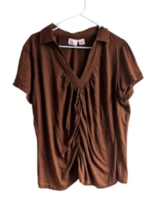 Extra Touch Women's Brown Short Sleeve V Neck Ruched Front Blouse Size 3X - Picture 1 of 4