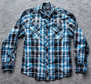 Pop Icon Clothing Blue/ Black Plaid Pearl Snap Embroidered Long Sleeve Shirt... - Picture 1 of 13