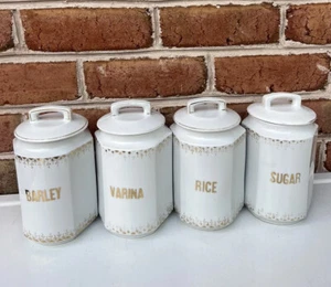 4 Porcelain Canisters Lids Sugar Rice Barley Varina Made In Germany Antique - Picture 1 of 20