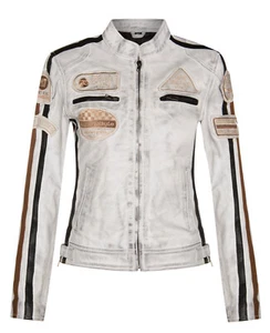 Womens White Leather Biker Jacket Retro Casual Zipped Racing Moto Badges - Picture 1 of 6