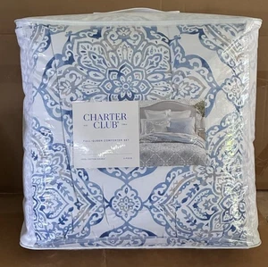 CHARTER CLUB COASTAL MEDALLION FULL / QUEEN COMFORTER SET BLUE WHITE COTTON - Picture 1 of 2