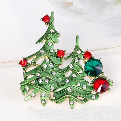 Enamel Rhinestone Christmas Tree Brooch Pin, Gold Holiday Winter Jewelry Gift - Image 1 of 4