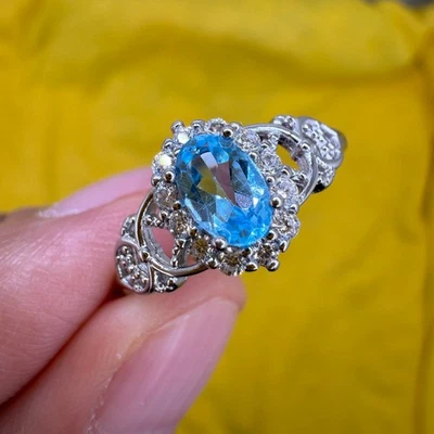 925 Sterling Silver Ring 6x4mm Natural Topaz Gemstone Zircon Women Jewelry Blue - Image 1 of 4