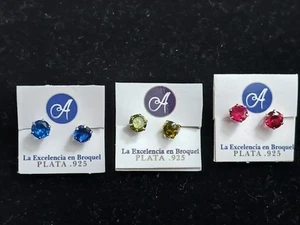 3 Colored Pairs of .925 Sterling Silver Stud Earrings - Picture 1 of 6