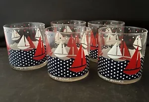5Vintage Georges Briard Nautical Sailboat Glasses Red White Blue 3 3/8” Tall - Picture 1 of 3