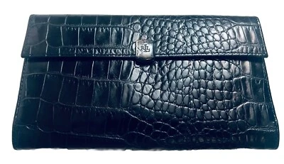 CARTERA DE COLECCIÓN RALPH LAUREN TRIPLE PLIEGUE CUERO COCODRILO NEGRO ESTAMPADO LOGOTIPO PLATEADO Foto 1 de 4