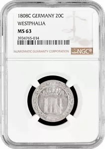 Westfalia 20 centesimi 1808 C, NGC MS63, "Girolamo Bonaparte (1807-1813)" Top Pop - Foto 1 di 2