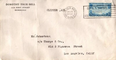 U.S. #C20 TransPacific Airmail single on 1936 Cover from Honolulu to Los Angeles - Image 1 of 3