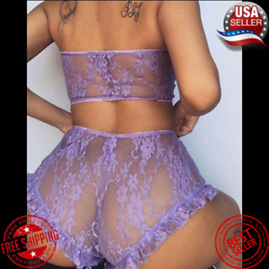 Lavender Lace Sheer See Through Lingerie Set Strapless Bra Panty Underwear S-XL