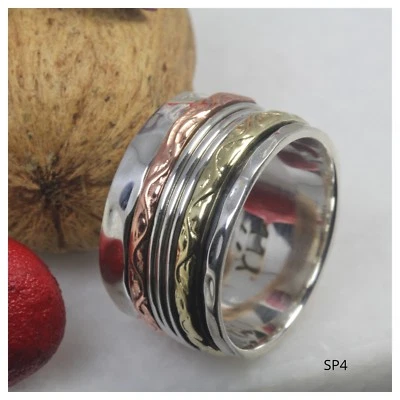 Hammered Sterling Silver Wide Heavy Band Spinner Meditation Ring  Tri-Colored - Image 1 of 4
