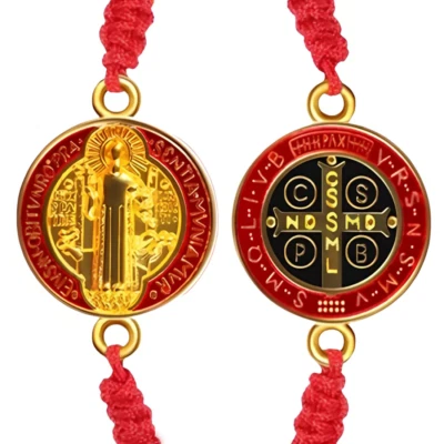 St Benedikt Armband San Benito Medaille Emaille Rot Gold Spiritualität Schmuck - Bild 1 von 4