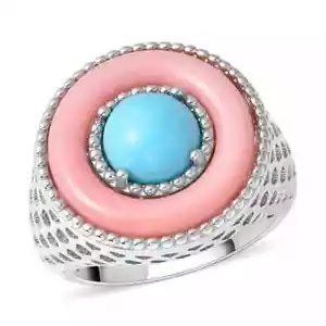 1.90ctw Sleeping Beauty Turquoise &Mother of  Pearl Ring Rhodium Plated   Size 7 - Picture 1 of 5