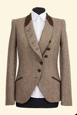 Brown Women's Shawl Collar Suit Herringbone Tweed Blend Jacket Casual Fashion - Image 1 of 4