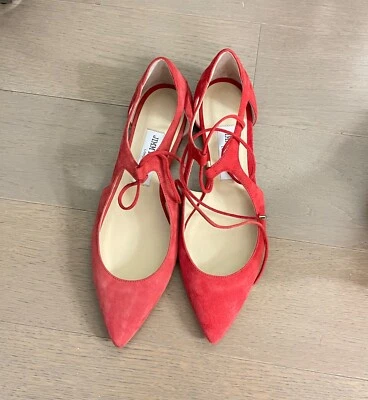Jimmy Choo Vanessa Flat Red Suede Strap Lace Pointed Toe Ballet Flats Size 37.5 - Image 1 of 3