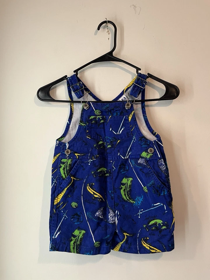 Just Friends vintage blue green fish overalls 100% cotton toddler boys Shorts 3T - Image 1 of 4