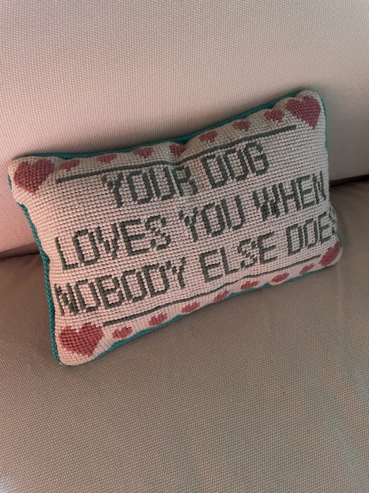 Vintage Embroidered Pillow Your Dog Loves You Needlepoint 9.5" x 6.5" x 3 - Image 1 of 4