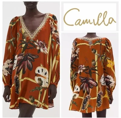 Vestido CAMILLA Mujer L Seda Marrón Floral Jardín de Eva Cuello en V Blusa Mangas Foto 1 de 4