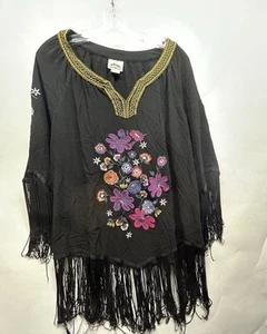 Ariat Womens XL Black Embroidered Fringe V-Neck Top Blouse (E4) - Picture 1 of 5