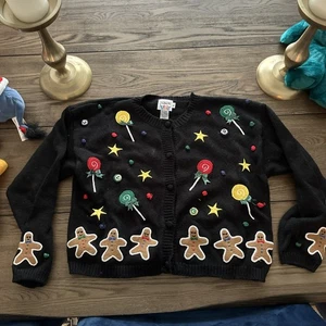 Vintage Talbots Kids Girls XL Black Gingerbread Man Holiday cardigan Sweater - Picture 1 of 4
