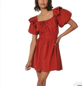 Cleobella Linen Blnd Mini Dress Size S Tana Rust Red Cottagecore Milkmaid Smoked - Picture 1 of 24