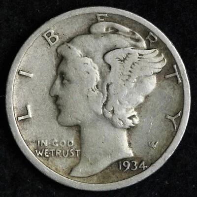 Moneda de diez centavos de plata Mercury 1934-D fina+/en muy buen estado E325 Foto 1 de 2