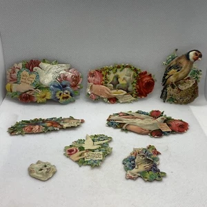 8 Antique Victorian Die-Cuts Birds Cats Flowers Hands Scrapbook Embossed - Picture 1 of 17