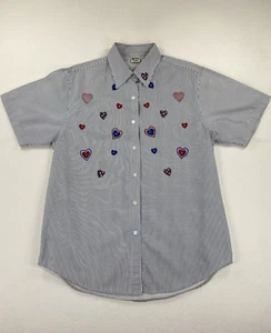 Quizz Again Women’s Striped Shirt Sz M Fourth of July/Stars/Hearts Emboidered - Picture 1 of 8
