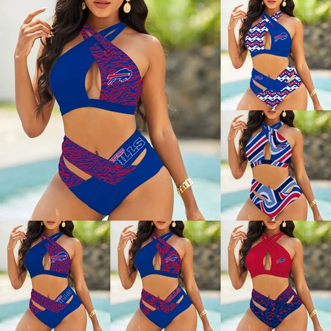 Buffalo Bills Womens 2PCS Front Cross Bikini Set High Waist Bathing Suit Cover