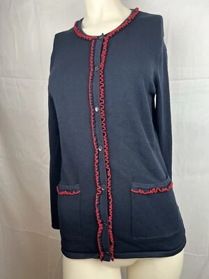 Doncaster Sweater Cardigan Small L/S Navy with Red Ruffle Button Front - Image 1 of 4