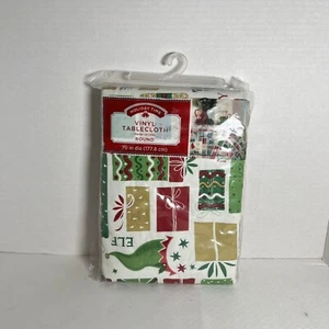 Christmas Vinyl Tablecloth 70”Round PEVA Elf Christmas Trees Gift Boxes Reusable - Picture 1 of 4