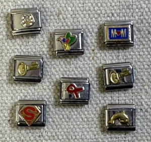 Italian Charm Bracelet Enamel Links 9mm Sterling Silver Assorted Lot of 8 Y2K - Picture 1 of 2