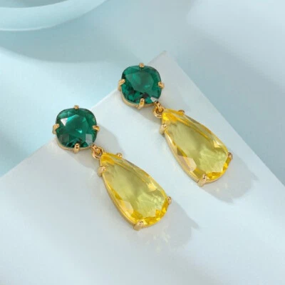 Preciosos aretes enchapados en oro de cuarzo verde cuadrado citrino real lágrima Foto 1 de 4