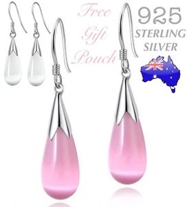 925 Sterling Silver Opal Moonstone Teardrop Water Drop Dangle Pierced Earrings - Picture 1 of 14