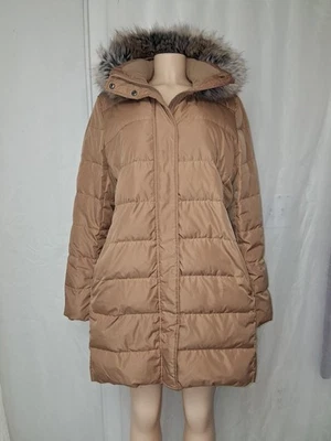 Jaqueta acolchoada Lands' End bronzeada com capuz de pele sintética tamanho G - Imagem 1 de 4