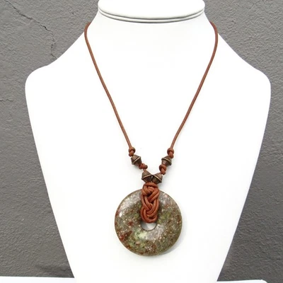 天然 Unakite 石甜圈吊坠皮革项链 — 第 1/4 张图片