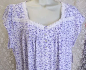 Eileen West 2X Baumwolle Strick Nachthemd Kurzarm Kleid 40" weiß blau Blumen Neu mit Etikett - Bild 1 von 8